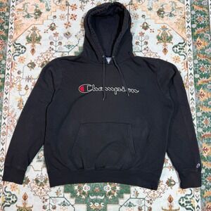 Champion Hoodie Mens Large Black Embroidered Logo Pullover Sweatshirt‎